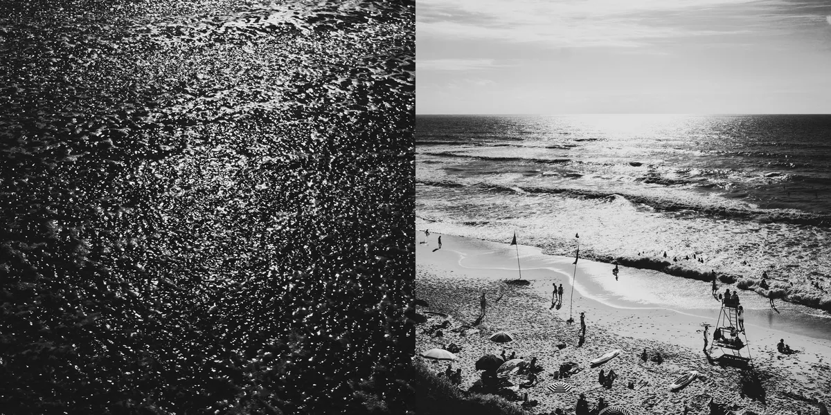 Diptyque photographique en noir et blanc surface eau étoilée et une plage avec des baigneurs et des drapeaux en contre jour dans un style très esthétique.