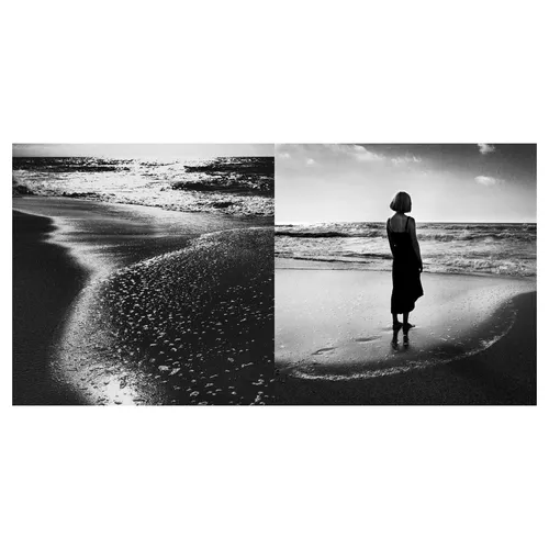Diptyque photo noir et blanc eau scintillante et femme seule face à la mer, dans un rendu épuré et contrasté pour une exposition à la semaine de photo de pékin.