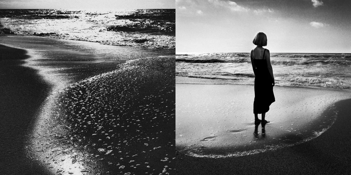 Diptyque photo noir et blanc eau scintillante et femme seule face à la mer, dans un rendu épuré et contrasté pour une exposition à la semaine de photo de pékin.