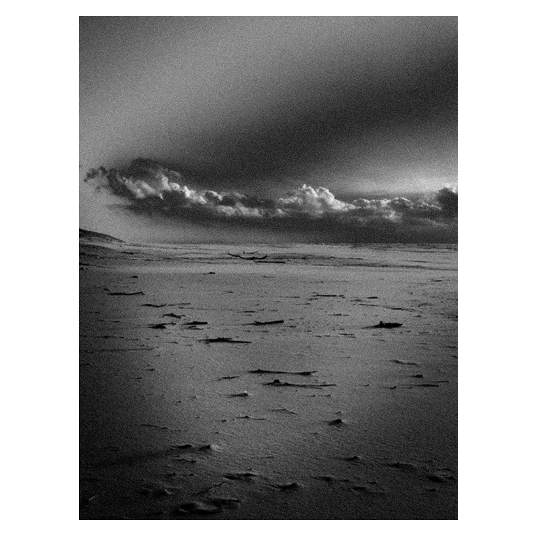 Plage à marée basse du Porge en noir et blanc : sable ridé parsemé d’algues et bois flottés, et un horizon brumeux, pour un exhibition visuelle très graphique.