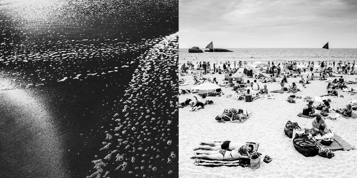 Diptyque photographique noir et blanc de la Grande Plage de Biarritz en été, vue contrastée entre les textures de l'océan et la foule de vacanciers sur le sable.