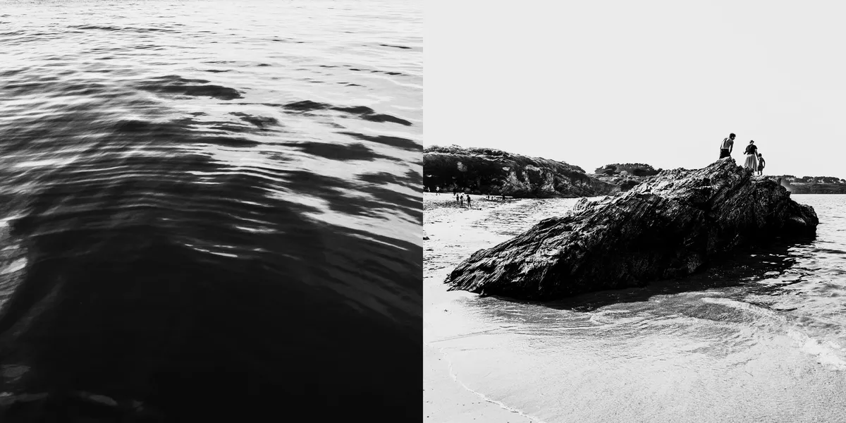 Composition photographique en diptyque à Belle-Île en mer, montrant l'ondulation de la mer et des promeneurs sur un rocher escarpé au bord de l'océan Atlantique.