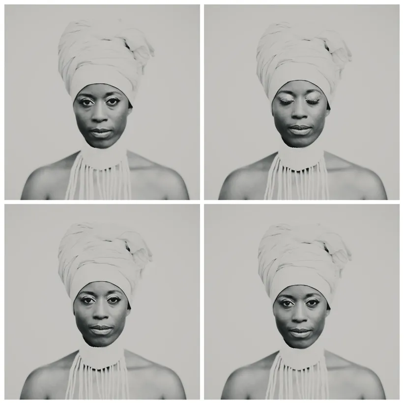 Portraits artistiques en studio photo noir et blanc de la chanteuse Fafa Ruffino. Série photo "Identity", expressions yeux fermés et ouverts, sous forme de planches, avec 4 expressions du visage.