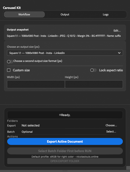 Détail de l'interface du plugin Adobe Carouselkit.