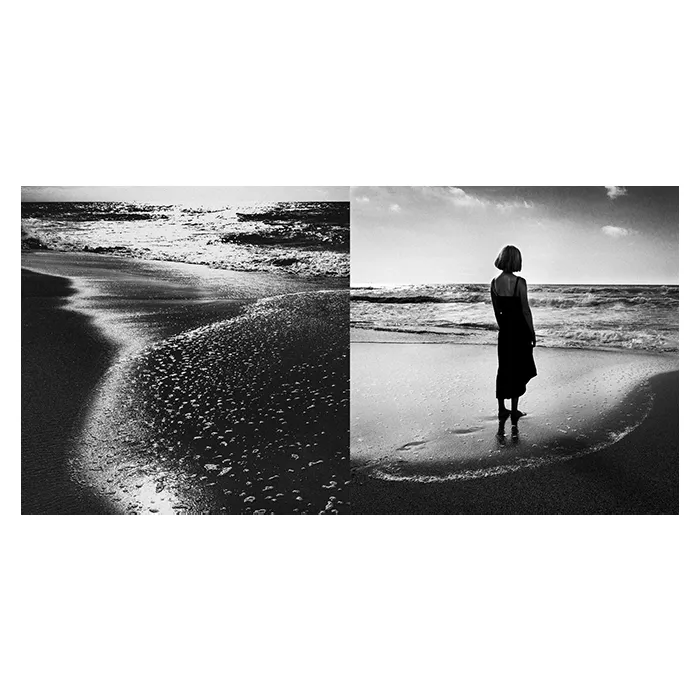 Série diptyque photo en noir et blanc avec eau scintillante et femme seule face à la mer, dans un rendu épuré et contrasté en contre jour. Réalisé à Biarritz par le photographe Nicolas Louis.