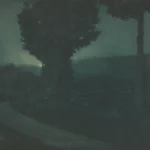 Photographie pictorialiste d'Edward Steichen représentant une route sinueuse dans un vallon sous la lueur d'un clair de lune, aux tons vert et bleu profonds.