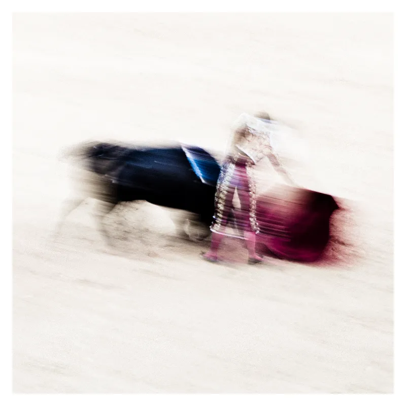 Photographie en flou de mouvement d'une corrida à Bayonne, silhouettes abstraites d'un torero en costume rose et noir fusionnant avec le taureau, technique de pose longue créant un effet pictural dynamique