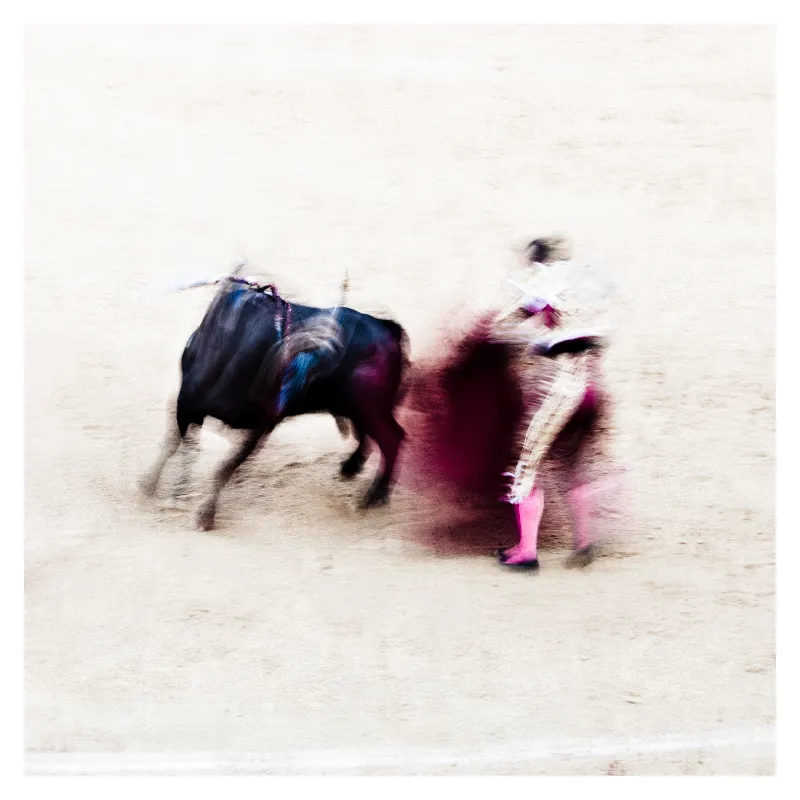 Photographie artistique en flou de mouvement d'un torero en costume rose face à un taureau noir dans l'arène de Bayonne, technique inspirée d'Ernst Haas, tons pastels et effet pictural