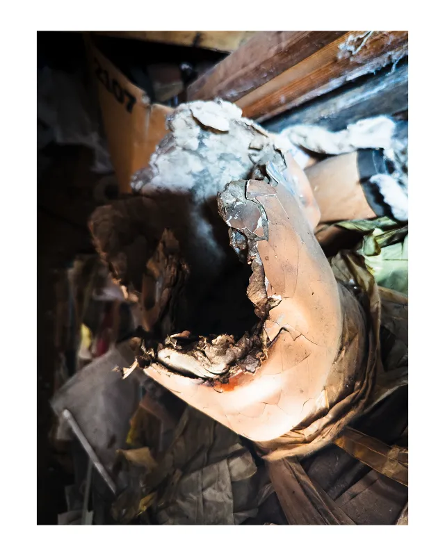 Nature morte photographique de papiers calcinés et débris entrelacés dans un lieu abandonné, lumière naturelle rasante révélant les textures organiques et minérales, atmosphère poétique de ruine industrielle