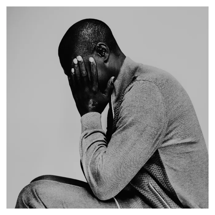 Portrait artistique en noir et blanc d'un homme de profil, assis les mains sur le visage dans une posture de réflexion ou de mélancolie, portant un gilet en maille fine, photographie de studio réalisée à Bagnolet par Nicolas Louis.