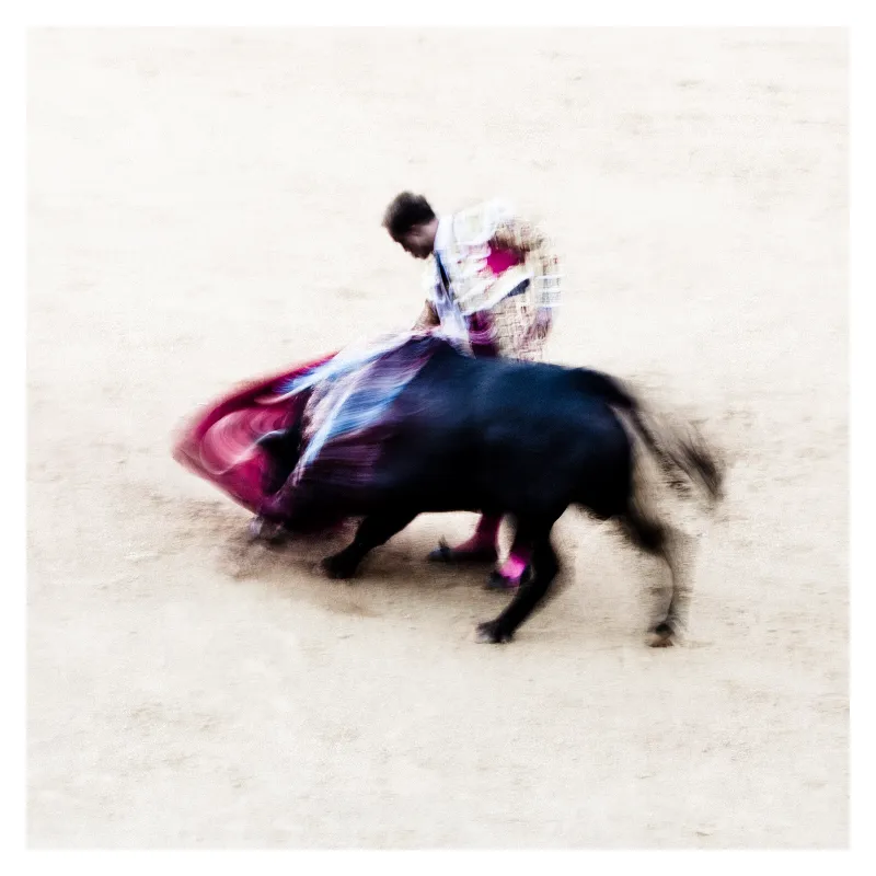 Photographie artistique en flou de mouvement d'un torero vêtu de blanc et rose face à un taureau noir dans l'arène de sable beige, inspiration Ernst Haas, corrida Bayonne 2011, technique vitesse lente captant la dynamique