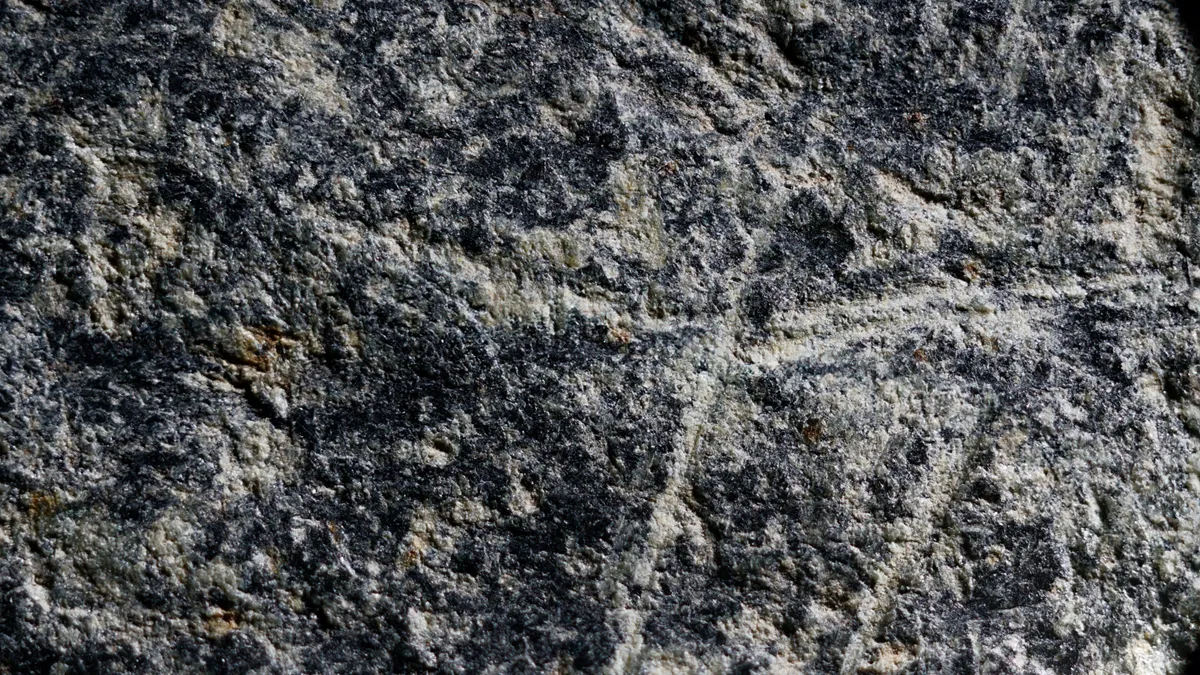 Gros plan de studio texturé d'une pierre gris-noir granuleuse et texturée, présentant des motifs subtils de quartz bleu-blanc et des décolorations marron clair, accentuées par une lumière directionnelle et définie.