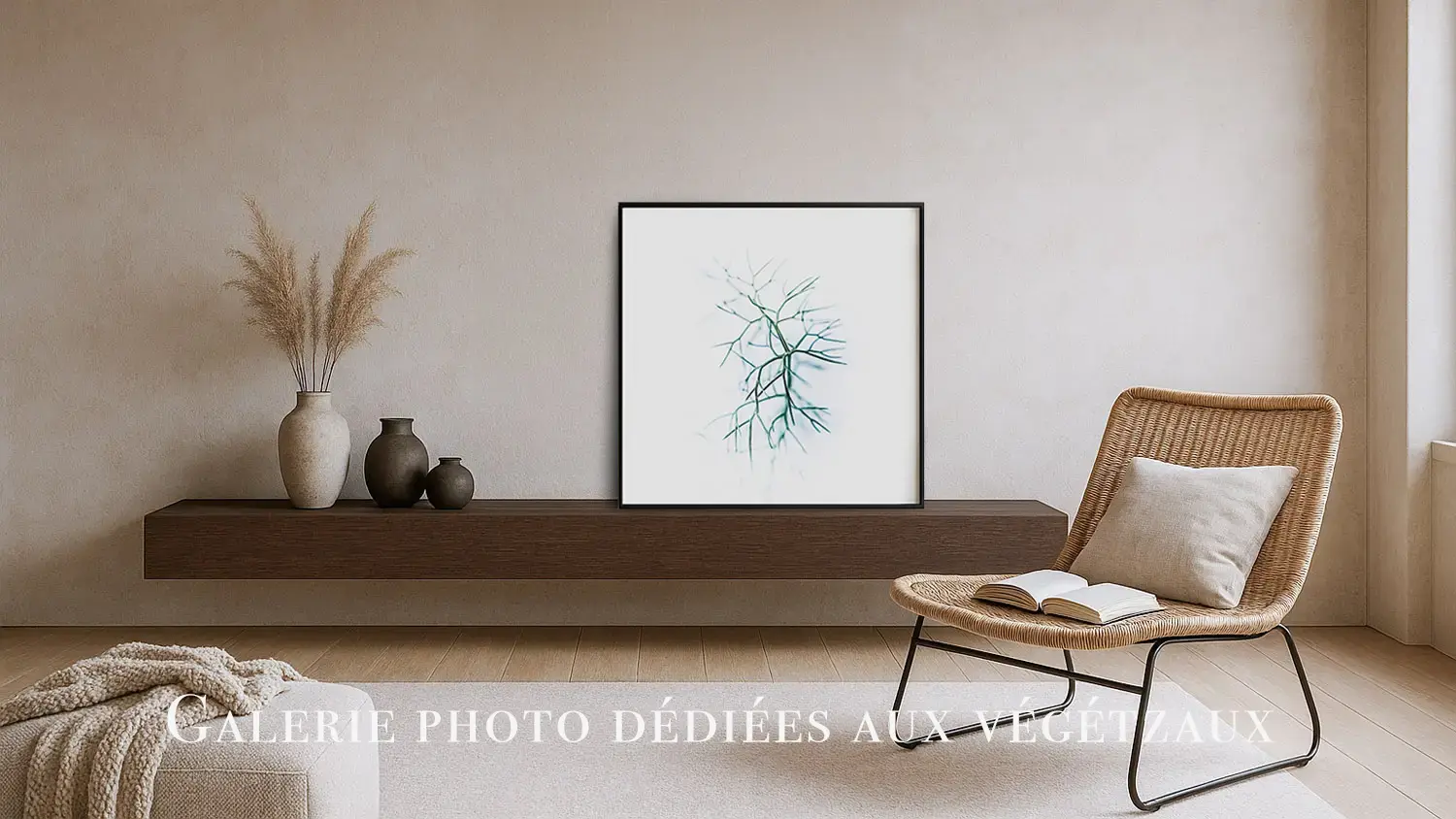 Tirage d'art photographique minimaliste d'une branche de plante aquatique encadrée en noir, posé sur une console flottante dans un salon scandinave élégant. Boutique de tirages Nicolas Louis