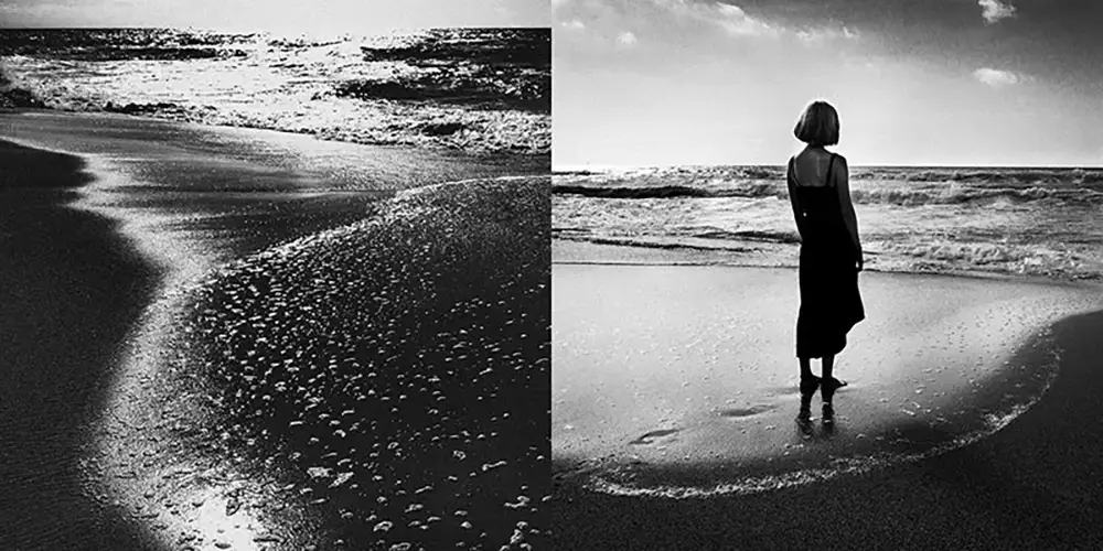 Diptyque photo en noir et blanc,d'eau scintillante et d'une femme seule face à la mer, dans un rendu épuré et contrasté réalisée à Biarritz par le photographe Nicolas Louis.