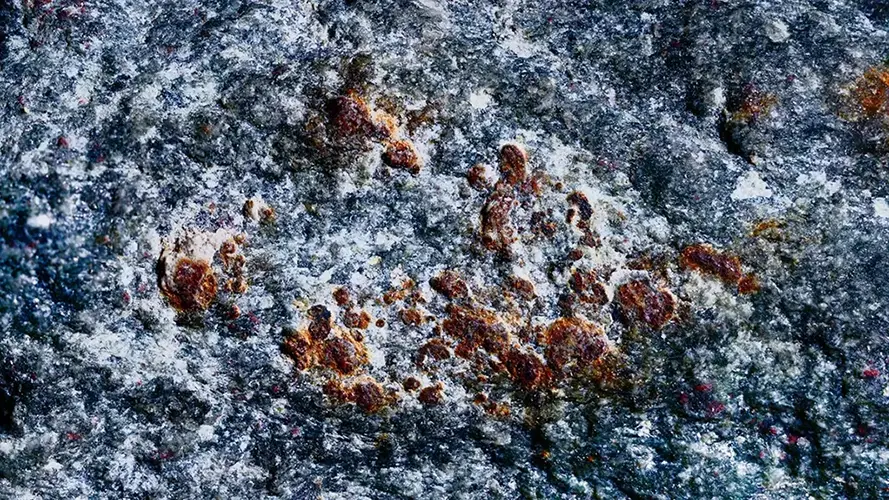 Version détaillée et épurée de la photo macro de studio de la pierre bleu-gris et granuleuse de l'image de couverture, montrant les taches de rouille texturées sans texte superposé, soulignant les détails minéraux fins et granuleuse pour la série micro-territoires.